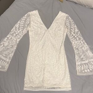 12th Tribe Larisa White Printed Sequin Long Sleeve Dress